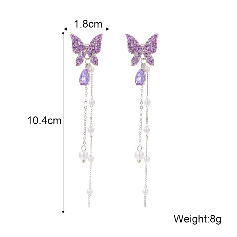 Purpule Rhinestone Butterfly Tassel Earrings for Women Imitation Pearl Beads Pendants