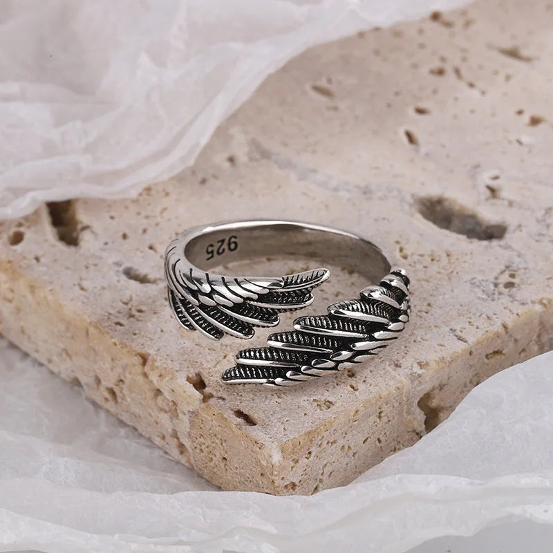 925 Sterling Silver Angel Wing Feather Adjustable Rings For Women