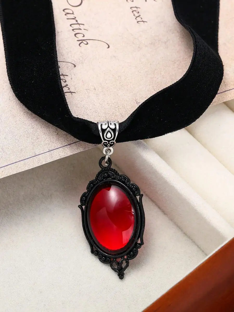 Handmade Black Velvet Gothic Choker Necklace With Red Resin Pendant