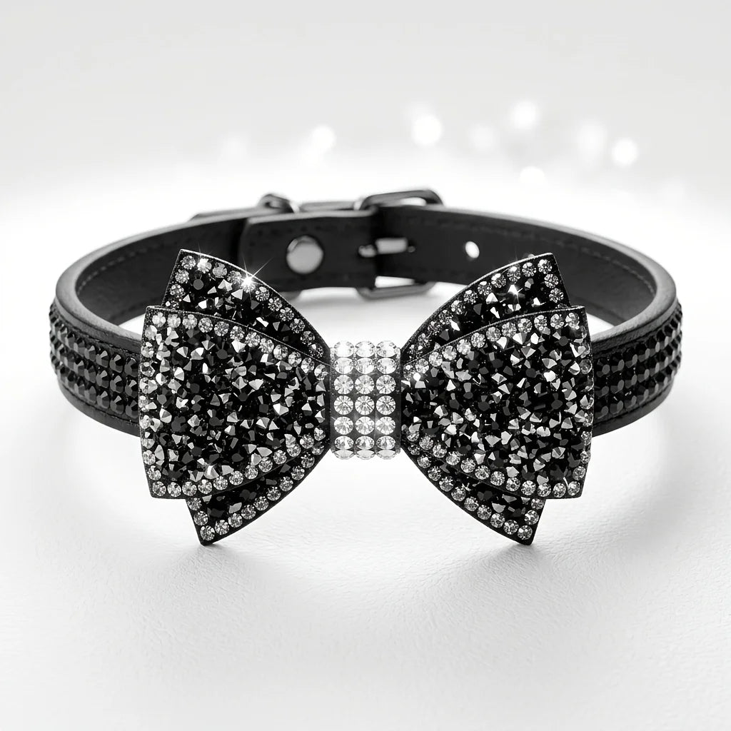 Dog / Cat Collar Pink Rhinestone Bow Princess Style No Choke Secure Stones