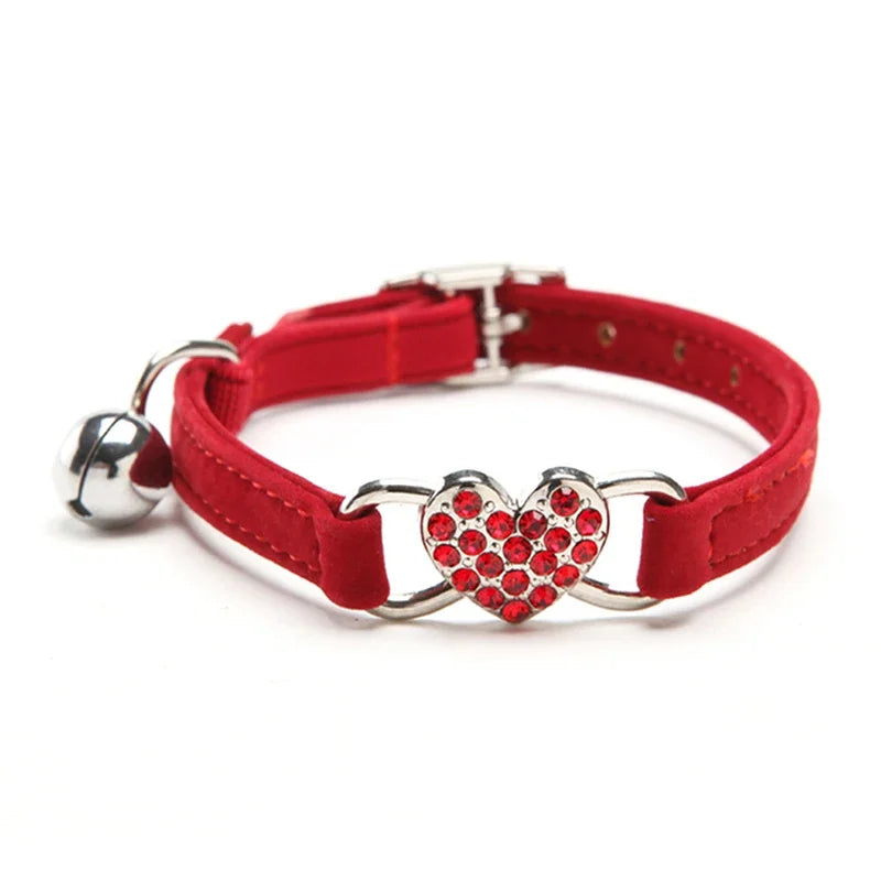 Heart Charm and Bell Cat Collar Safety Elastic Adjustable with Soft Velvet Material