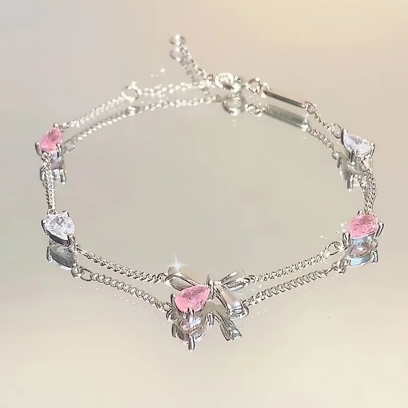 Ladies Pink Cherry Blossom Chain Bracelet, Stylish and Cute Exquisite Square Petal Cherry Blossom Bracelet Adjustable