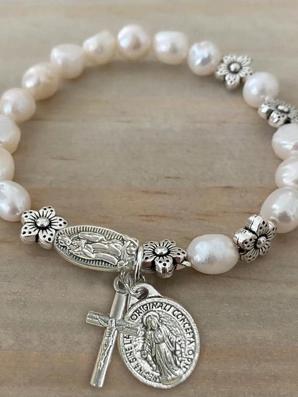 Beautiful Faux Pearl Beaded Flower & Cross Virgin Mary Pendant Bracelet, Vintage Style