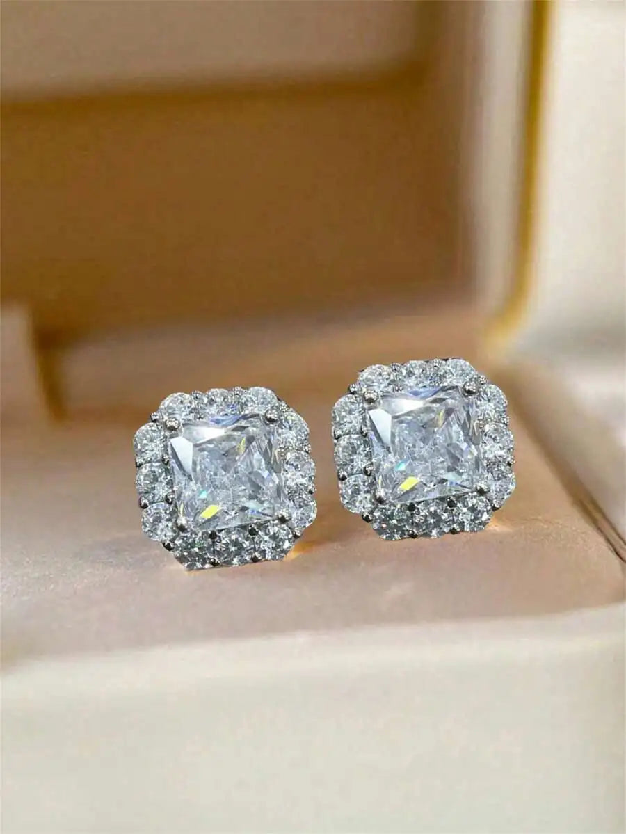 Square Cut Pink Cubic Zirconia Halo Stud Earrings For Women