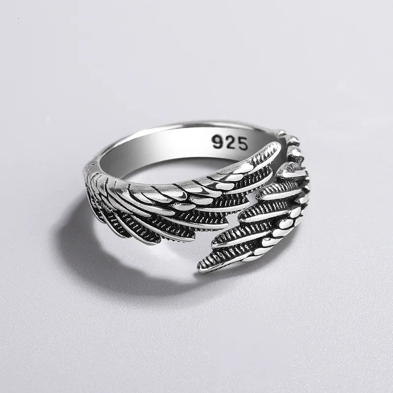 925 Sterling Silver Angel Wing Feather Adjustable Rings For Women