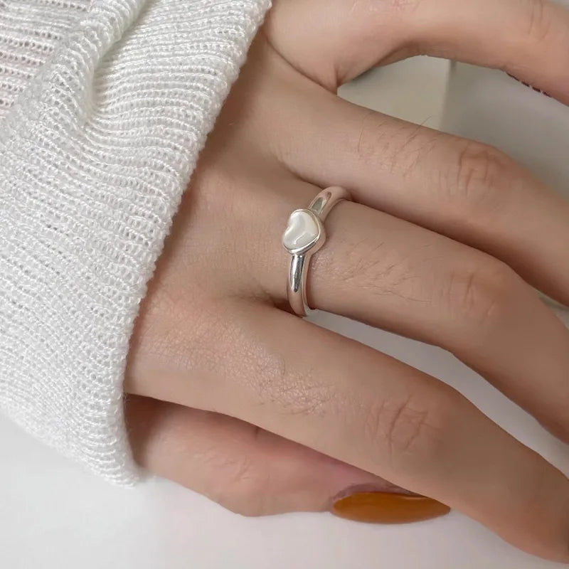 Lovely 925 Sterling Silver Ring For Women  Heart Stone Simple Open Vintage Handmade Ring Allergy For Party Birthday Gift