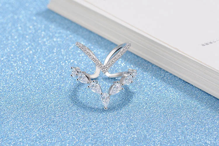 925 Sterling Silver Irregular Double Layer Zirconia Ring For Women Resizable Rings