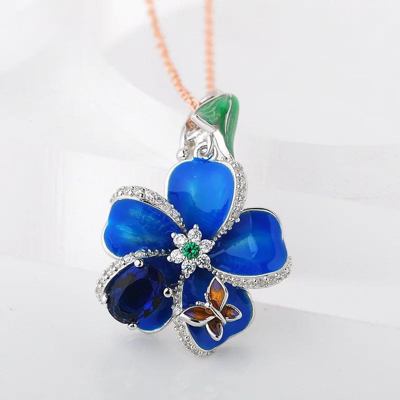 Beautiful 925 Sterling Silver Big Clip Earring Blue Enamel Flower Dangle Earring for Women