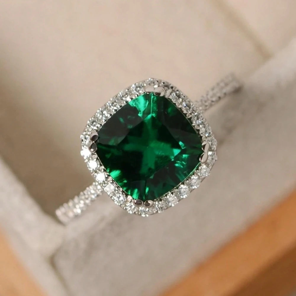 Square Green Cubic Zirconia Ring for Women High Quality