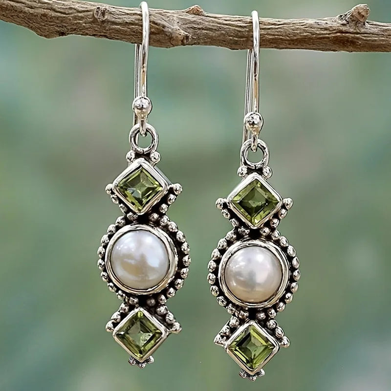 Vintage Thai Silver Pearl Earrings, Creative Square Zircon Olive Green Long Dangle Earrings