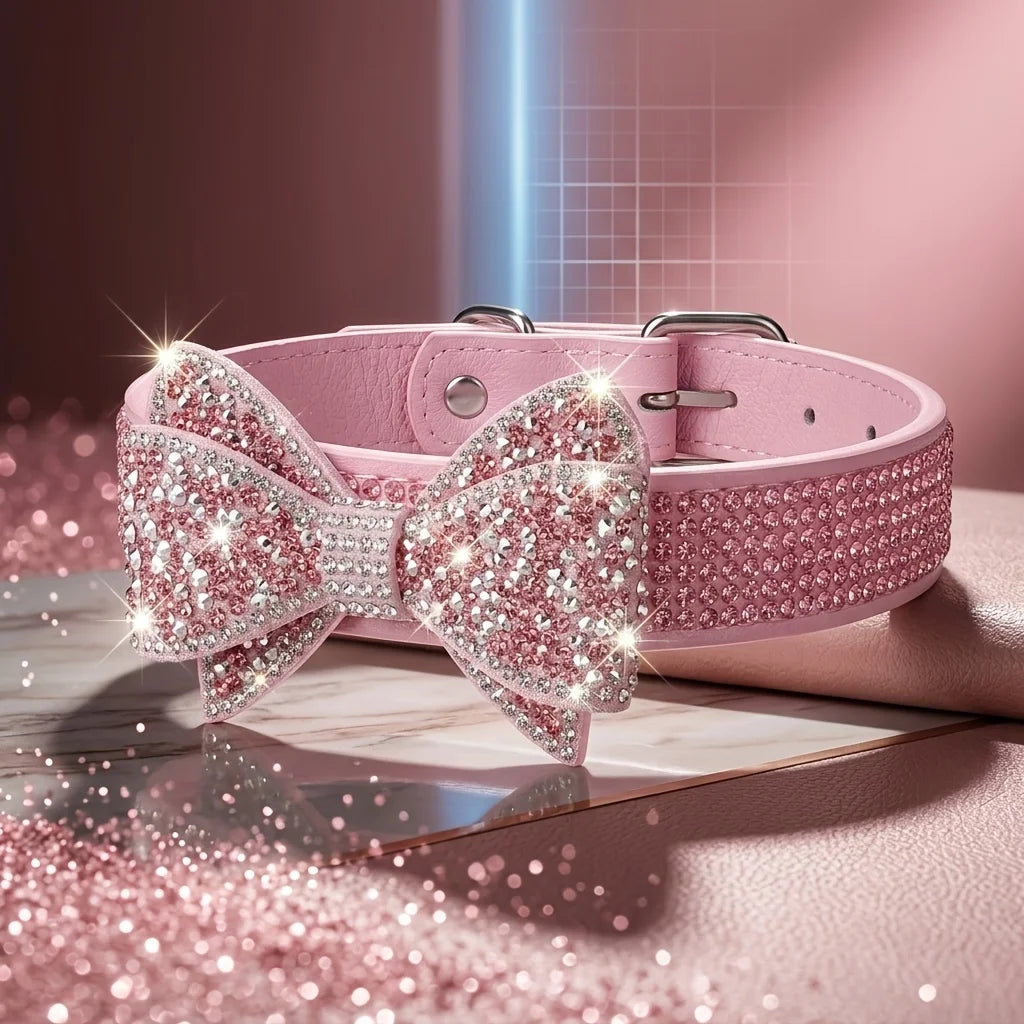 Dog / Cat Collar Pink Rhinestone Bow Princess Style No Choke Secure Stones