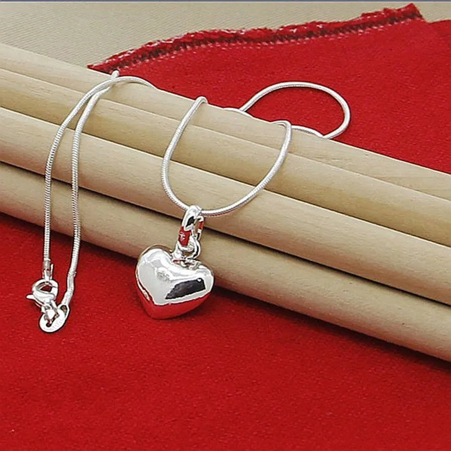 Charm Silver Solid Small Heart Pendant Necklace 16-30 Inch Snake Chain For Women