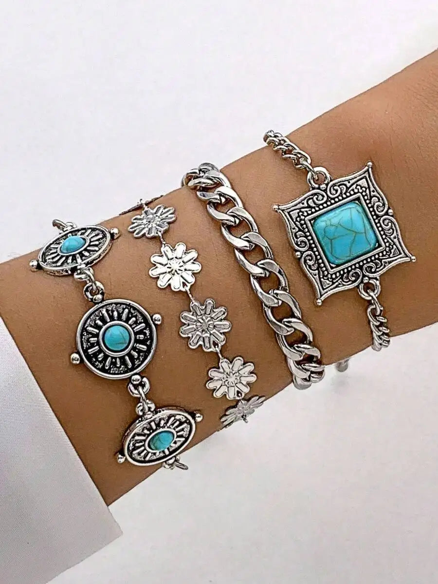5pcs Turquoise Stone Bohemian Style Bracelet Set For Women Casual Fashion Jewelry