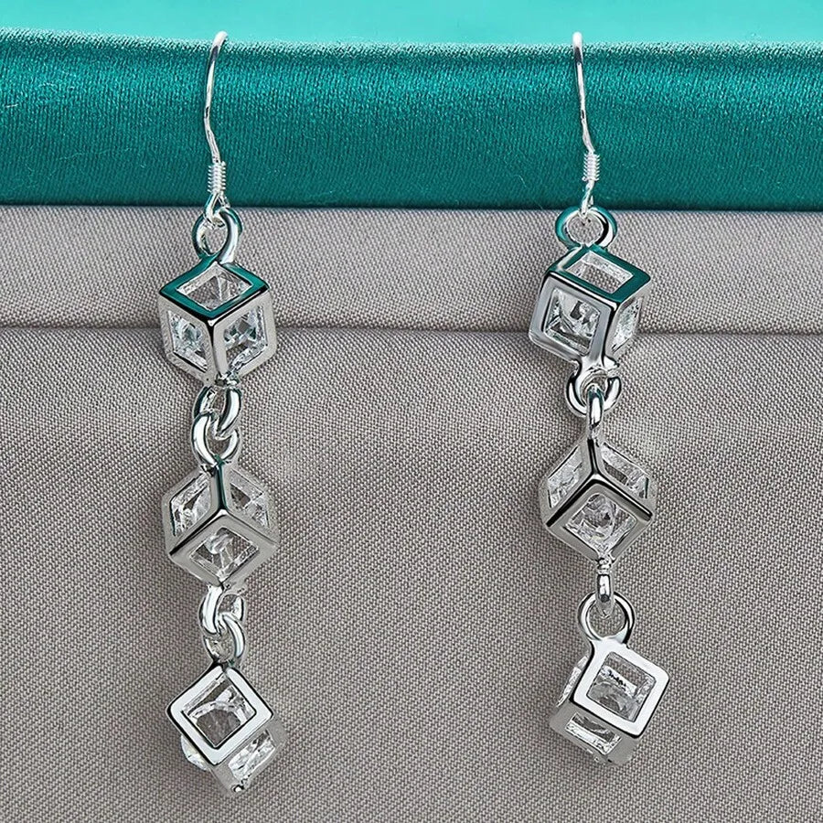 925 Sterling Silver Plated Earrings Fashion Jewelry Elegant Woman Crystal Lattice Drop Long Earrings