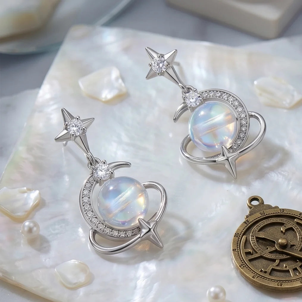 Authentic 925 Silver Star Zircon Moon Planet Drop Earrings Dreamy Aurora Moonstone Dangle Earring