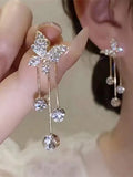 Sparkly Butterfly Drop Earrings With Crystal Tassels For Women