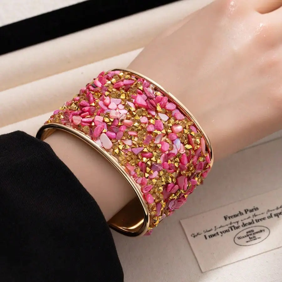 Colorful Crushed Stone Wide Open Bangle, Sparkling Diamond Inlaid Bracelet, High-end Cool Arm Cuff Jewelry