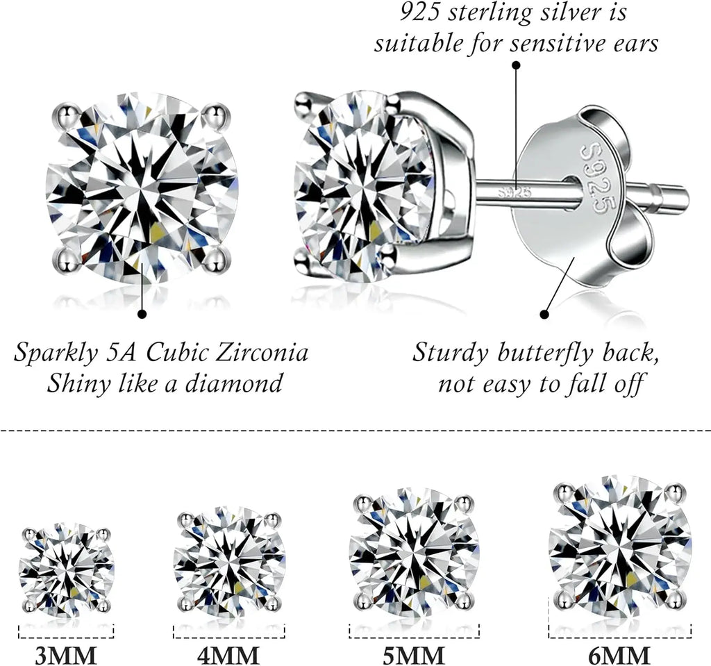 925 Sterling Silver Stud earrings Set  White Gold Plated Hypoallergenic Stud Earrings Cubic Zirconia Stud Earrings for Women