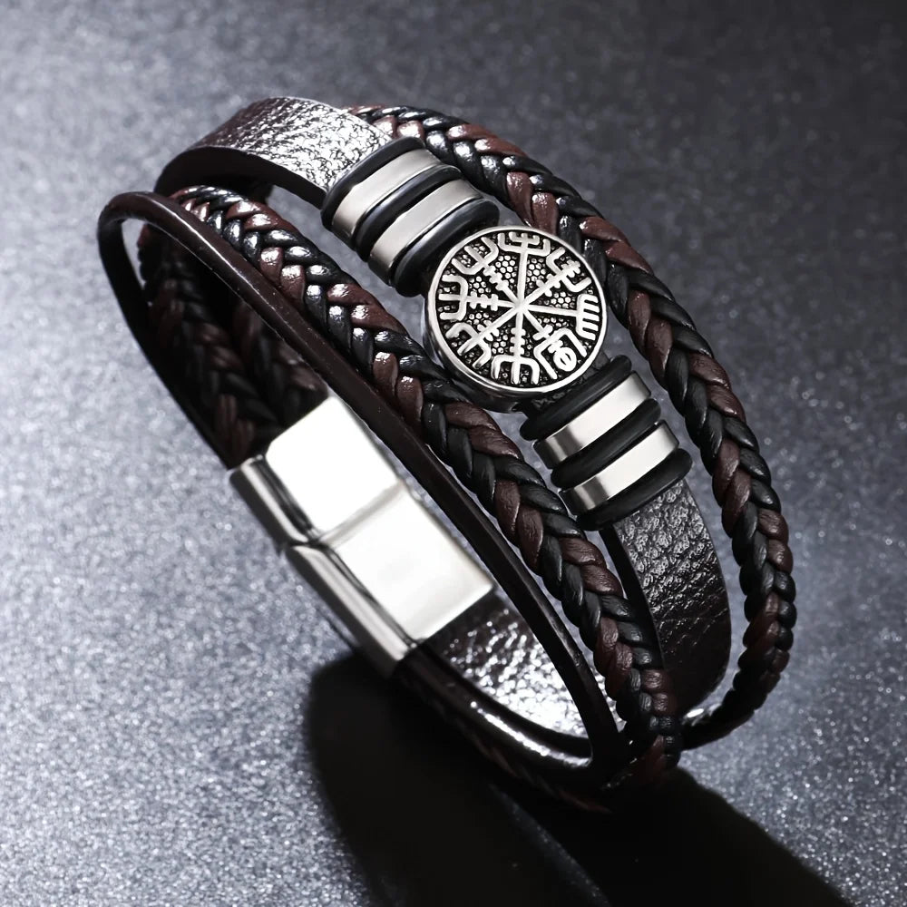 A Stylish Punk Multi-Layer Men's Bracelet, Trendy Compass Bracelet, Woven Rope Bracelet