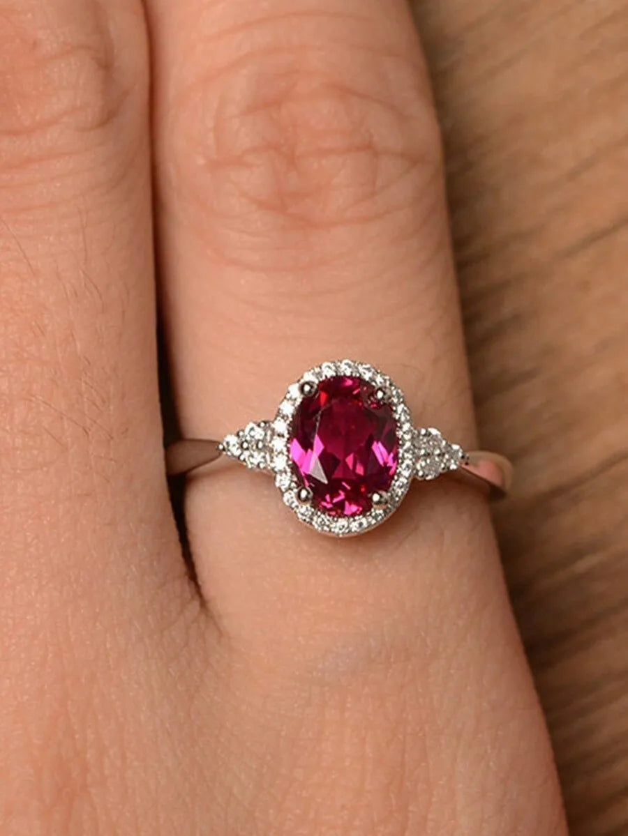 Fuchsia Cubic Zirconia Oval Ring With Pave Setting For Women