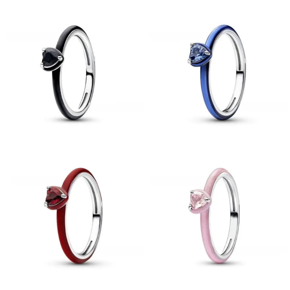 S925 Sterling Silver Dainty Thin Band Ring Colorful Enamel Heart Cubic Zirconia