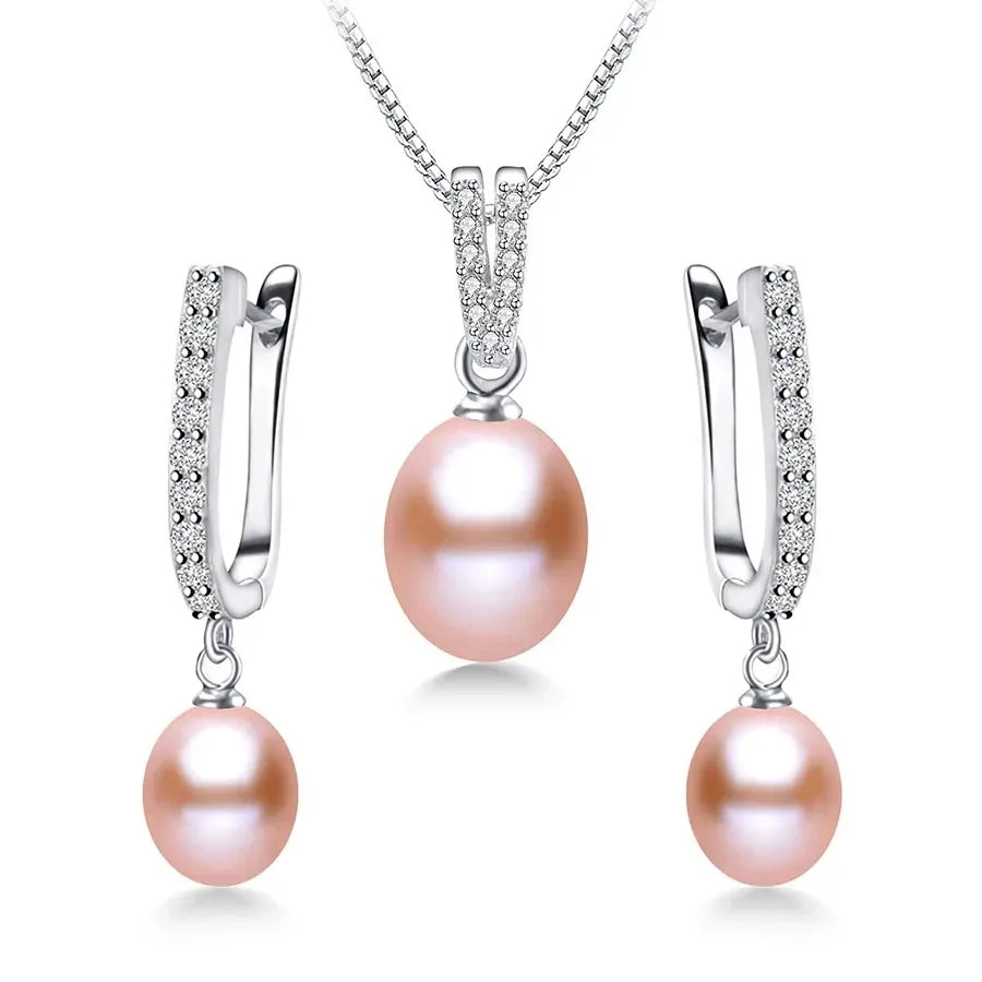 Luxury 8-9mm Rice Freshwater Pearl Earrings and Necklaces Jewelry Set for Women 925 Sterling Silver 45cm Pendant Necklace