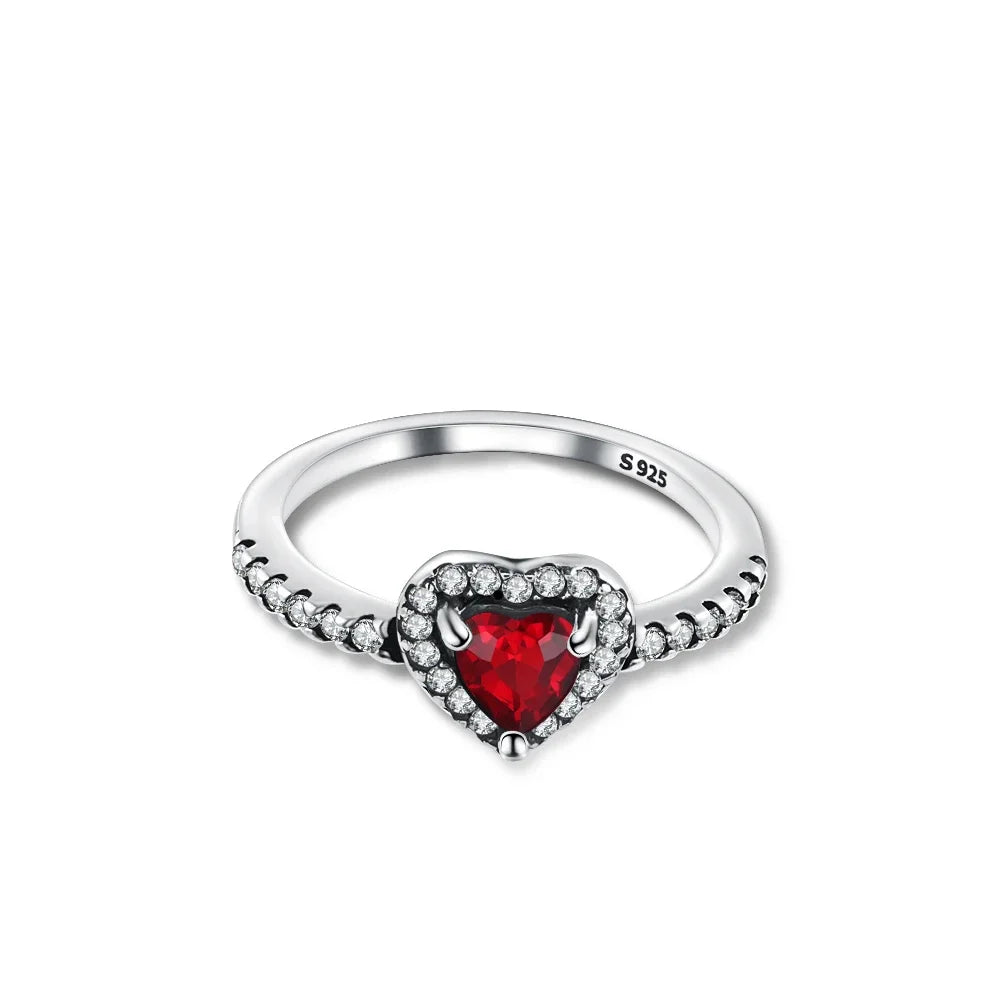 Cute Silver-Plated Heart Halo Ring, Red Cz Center Stone & Pave Clear Cz Accent