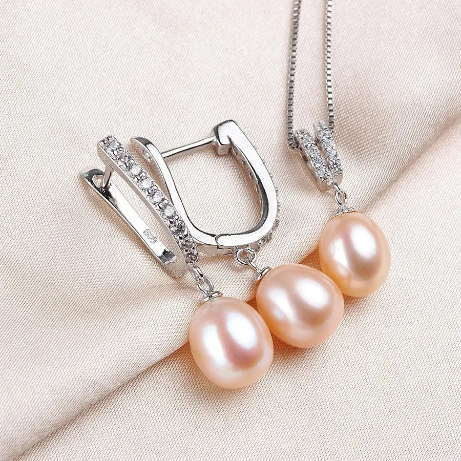 Luxury 8-9mm Rice Freshwater Pearl Earrings and Necklaces Jewelry Set for Women 925 Sterling Silver 45cm Pendant Necklace