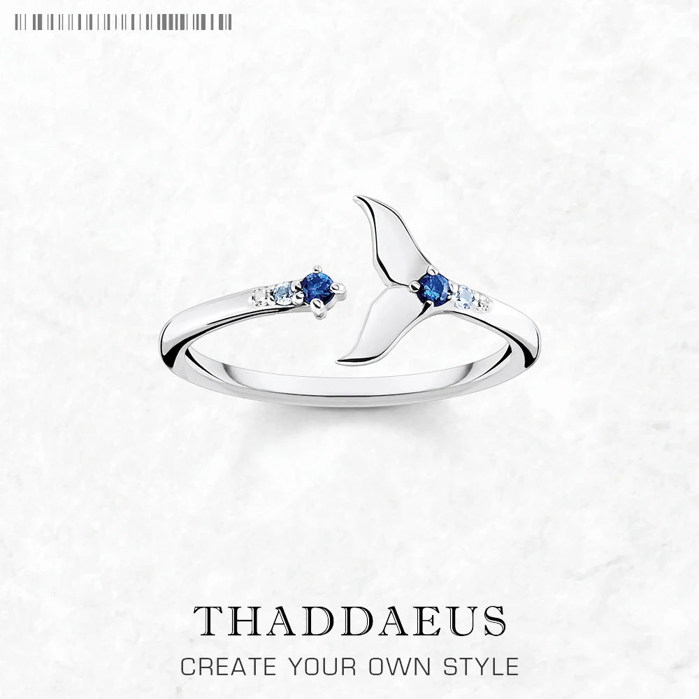 Dolphin Tail Ring With Blue Stones, Europe Style Glam Fine Jewerly For Women