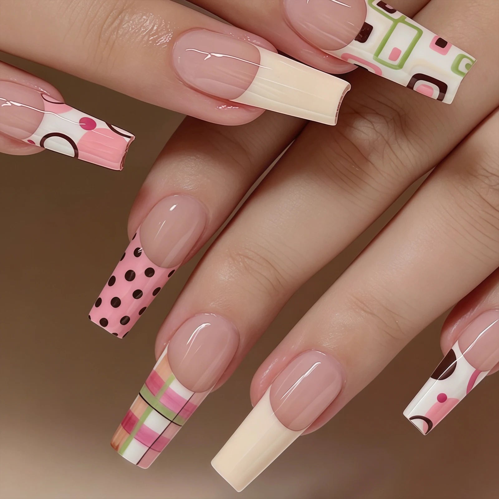 24PCS French Press on Nails Sweet Punk Vine Striped Pink Black French Nail Tip