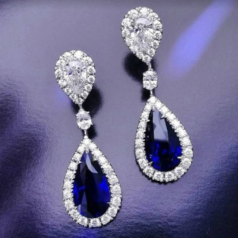Fashion Jewelry Ladies Blue White Water Drop Shaped Crystal Rhinestone Zircon Metal Dangle Earring for Women