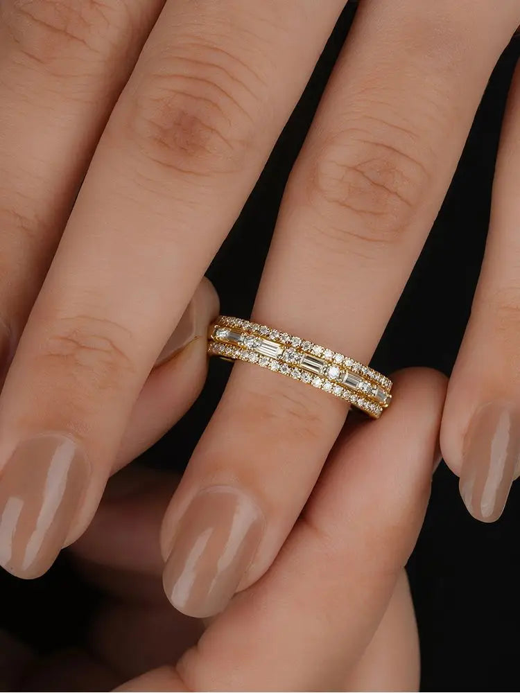 925 Sterling Silver Golden Simpe Rectangular Round Zircon Ring For Women
