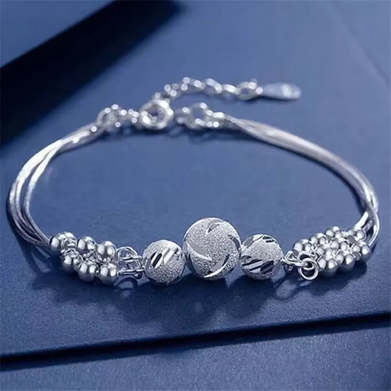 Fine 925 Sterling Silver Lucky Beads Ball Chain Bracelet For Women