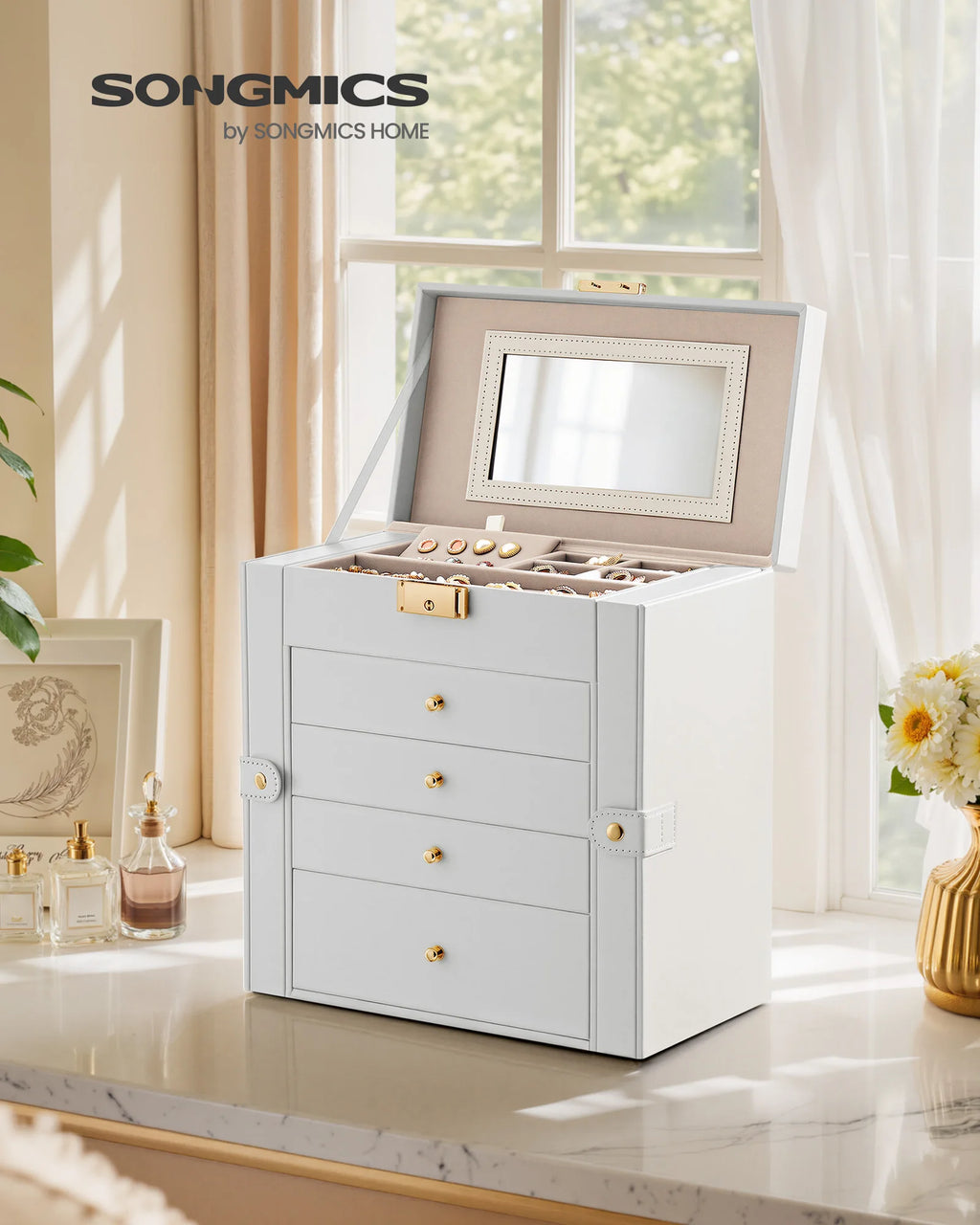 Beautiful 5-Layer Jewelry Box Organizer with 4 Drawers, Jewelry Storage Case with Lock and Mirror