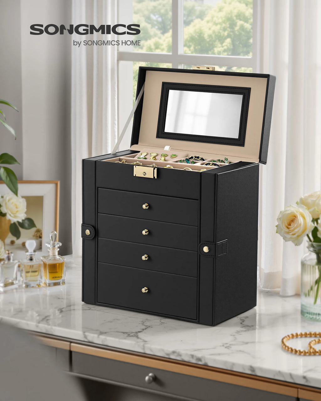 Beautiful 5-Layer Jewelry Box Organizer with 4 Drawers, Jewelry Storage Case with Lock and Mirror