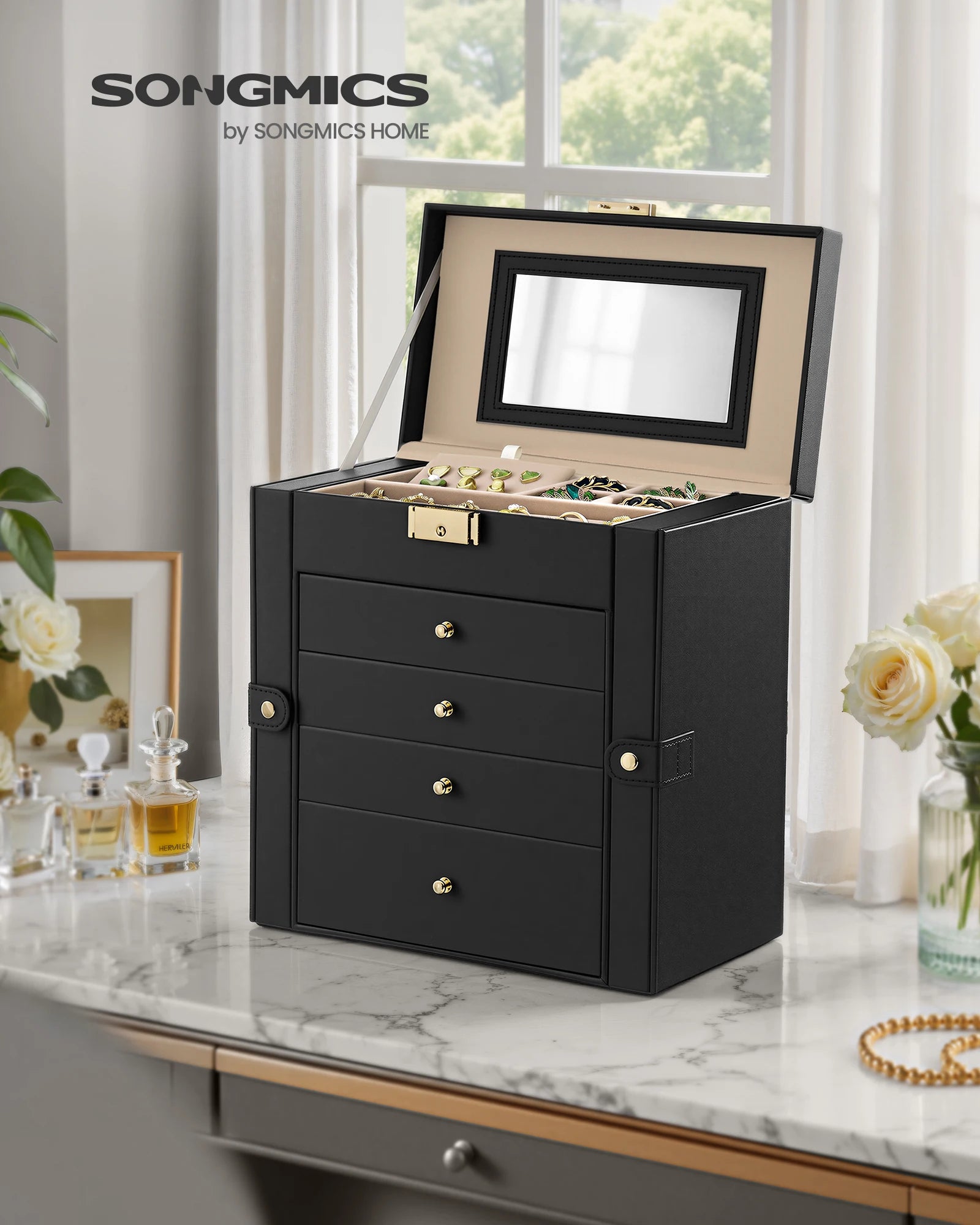 Beautiful 5-Layer Jewelry Box Organizer with 4 Drawers, Jewelry Storage Case with Lock and Mirror