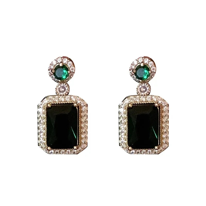 Silver Needle Zircon Emerald Artificial Crystal Earrings Necklace Set