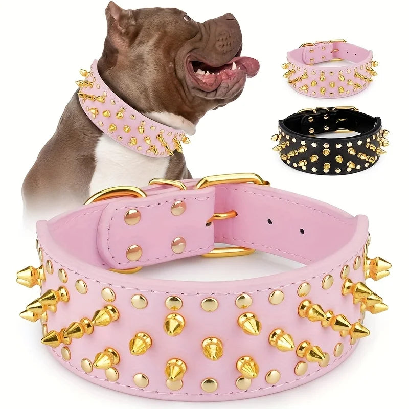 Wide Golden Spiked Dog Collar, Epesiri Dog Chain Collars, Mushroom Rivet Faux Leather