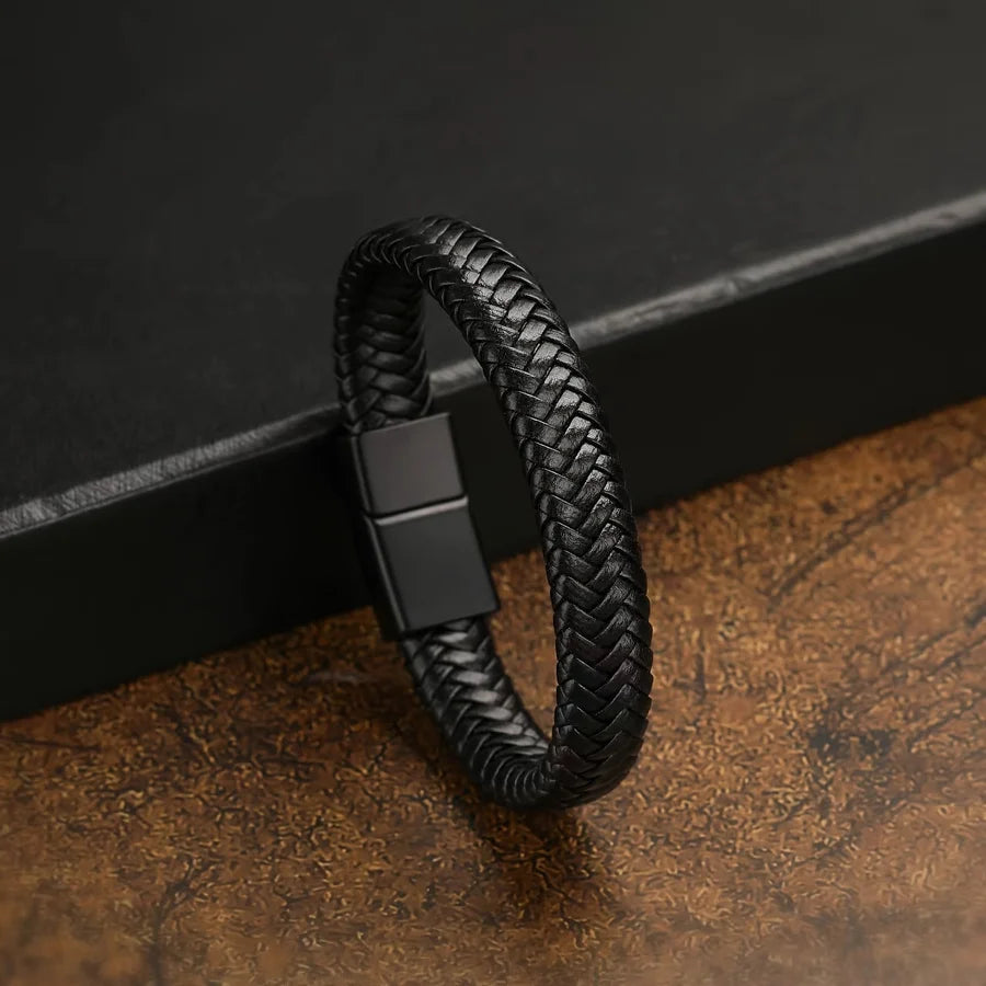 Charm Black Woven Faux Leather Bracelet for Men Fashion Bracelets Metal Magnetic Buckle Bead