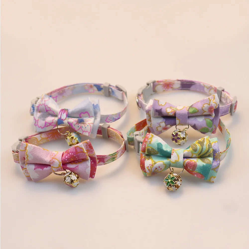 Beautiful pet collar cat dog bow plaid bell collar floral colored