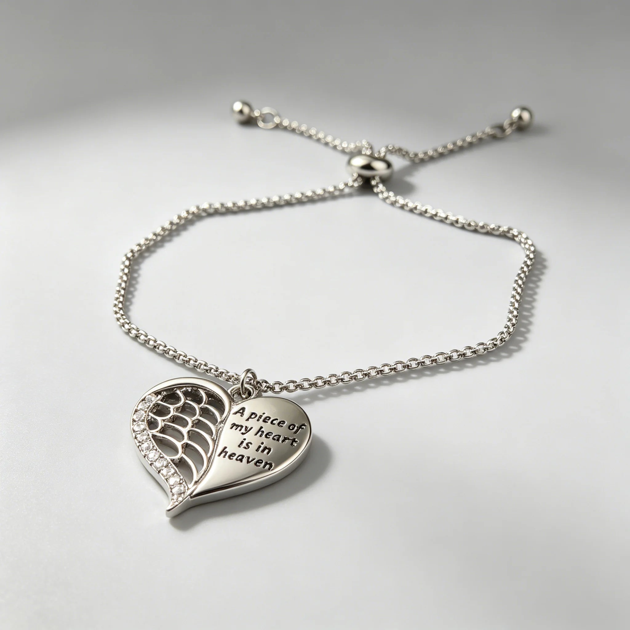 Smooth Polished Angel Heart Bracelet Half Wing Engraved Quote Charm Box Chain Adjustable Bracelet for Women