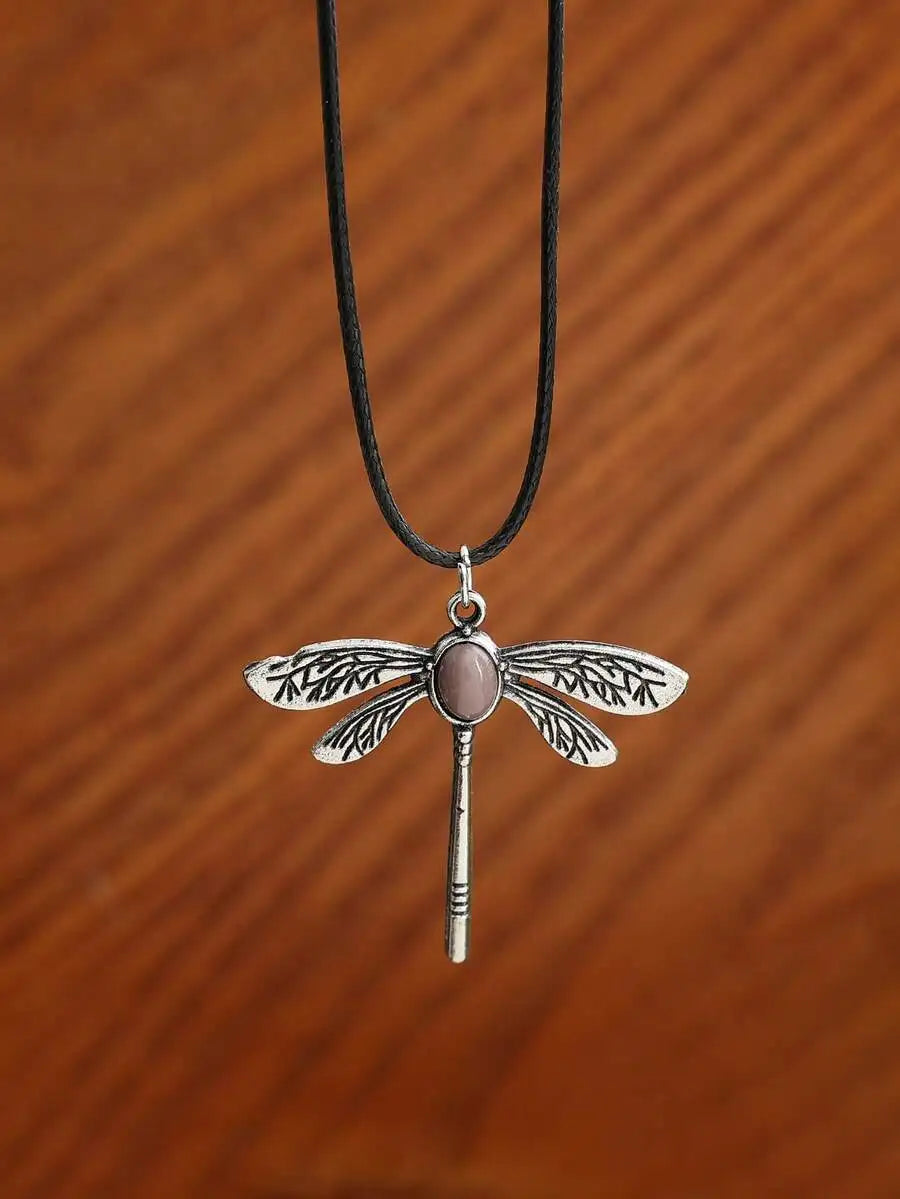 Gothic Retro Dragonfly Pendant Necklace With Gemstone Boho Style For Women