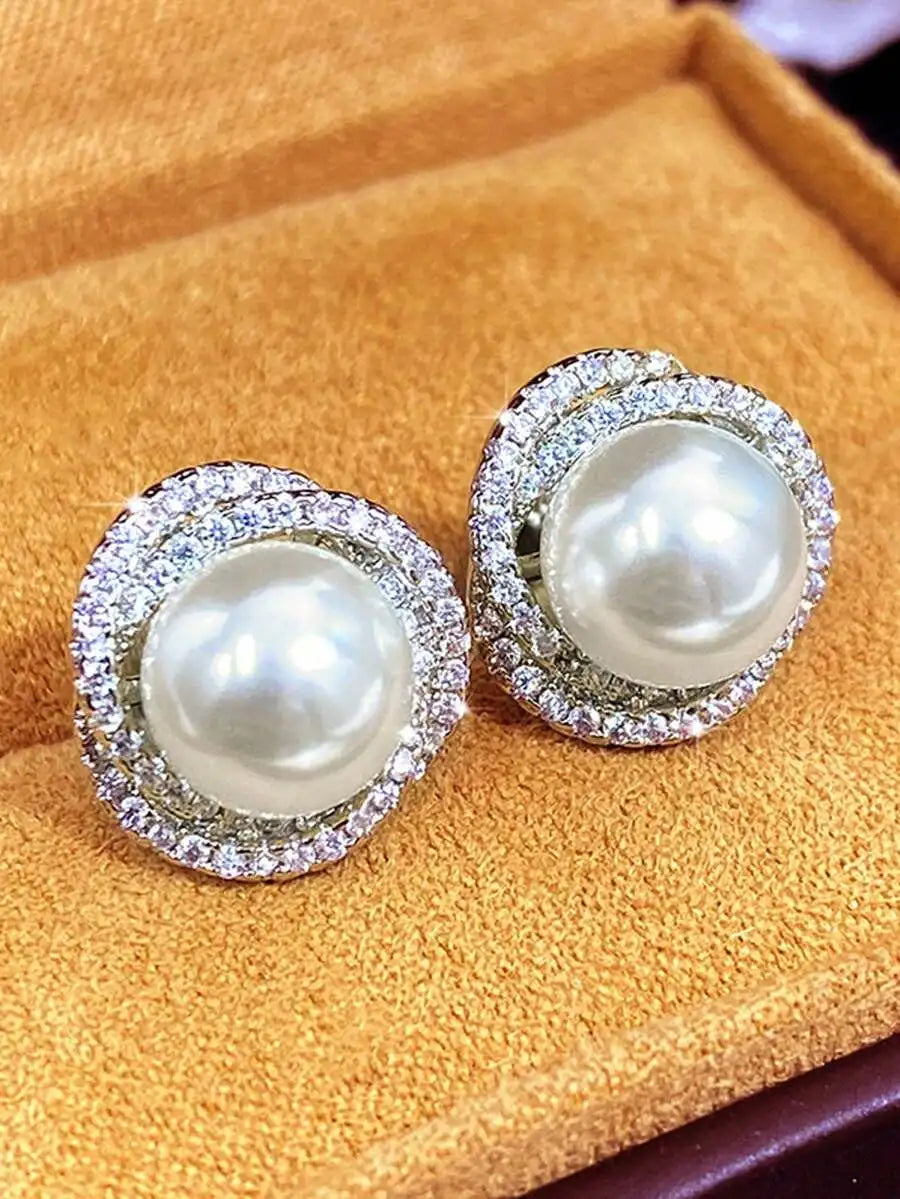 1 Pair Fashion Faux Pearl Earrings, Women's Platinum Flower Earrings, Crystal Jewelry