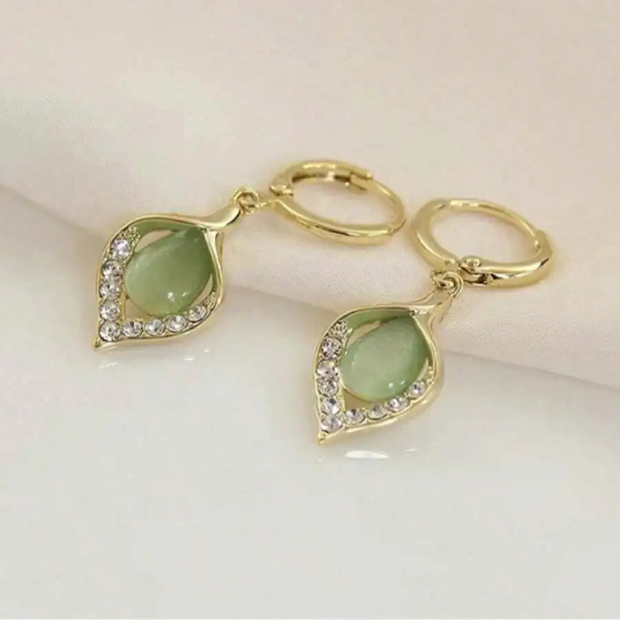 Elegant Teardrop Green Gemstone Earrings With Crystal Accents For Women