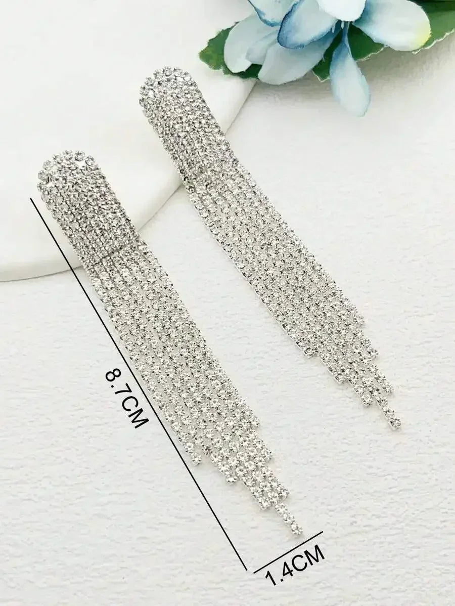 Womens Tassel Drop Earrings With White Zirconia, Mid-Length, Shiny Fashion Jewelry