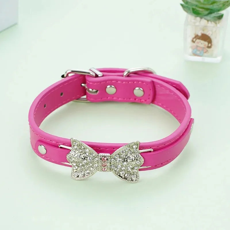 Cute PU Leather Dog Puppy Collar Bling Rhinestone Bowknot for Small Medium Larger Dog