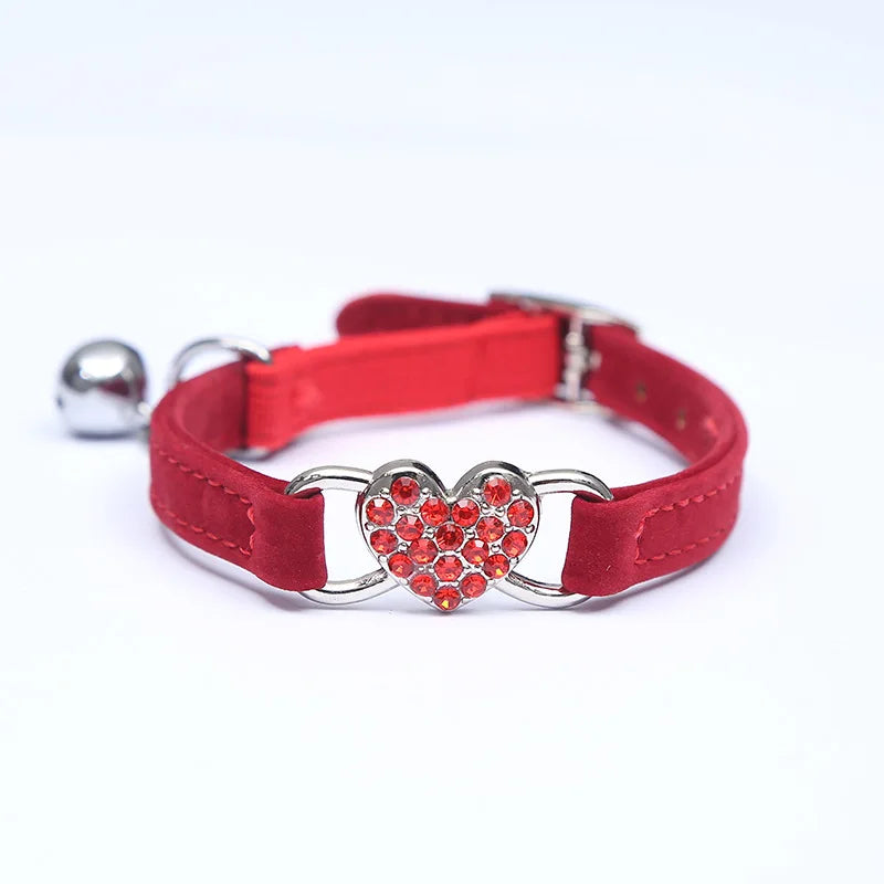 Heart Charm and Bell Cat Collar Safety Elastic Adjustable with Soft Velvet Material