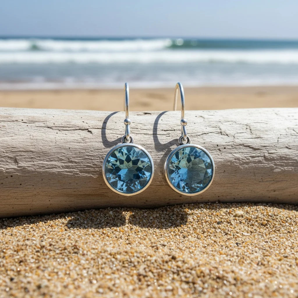 Beautiful Earrings inlaid with sea-blue synthetic zircon carved patterns
