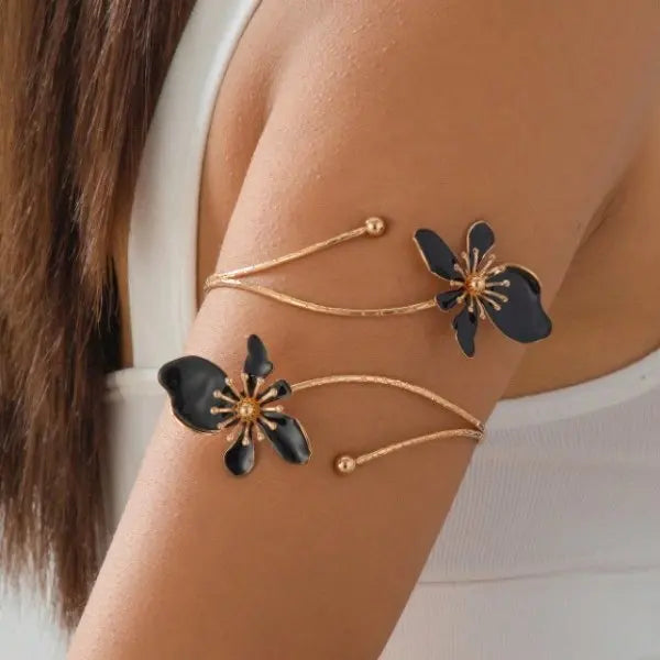 Elegant Sexy Flower Open Cuff Armlet for Women Vintage Enamel Glaze Craft Floral Adjustable Arm Bracelet