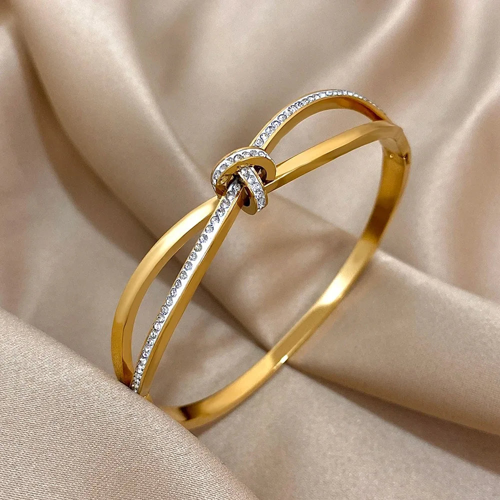 Stainless Steel Bracelet, Trendy with Rhinestone Inlaid Knot Bangles Bracelets for Women